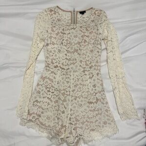 NBD hi neck lace cream long sleeve romper